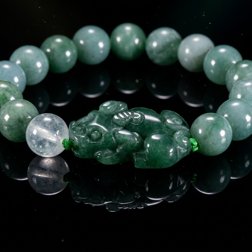 White/ Pine Green Jade Pixiu Bracelet