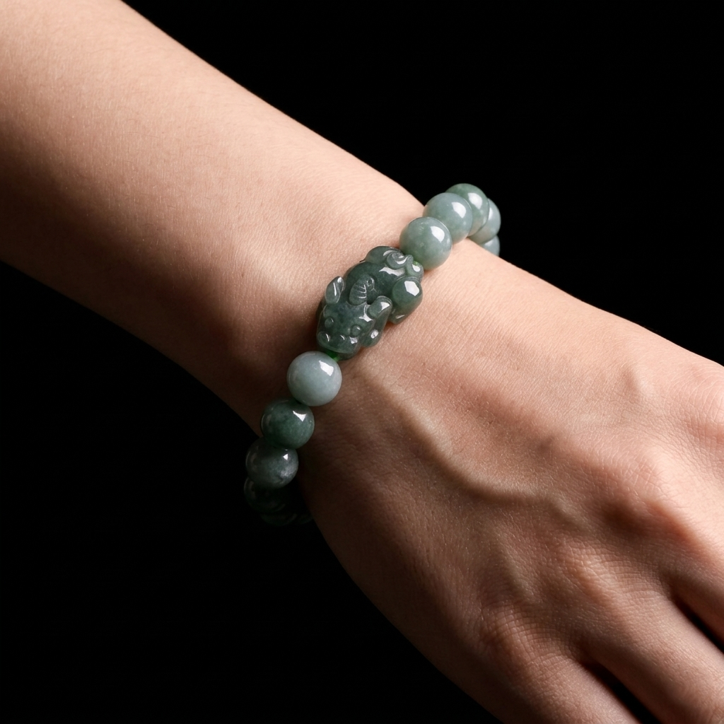 White/ Pine Green Jade Pixiu Bracelet