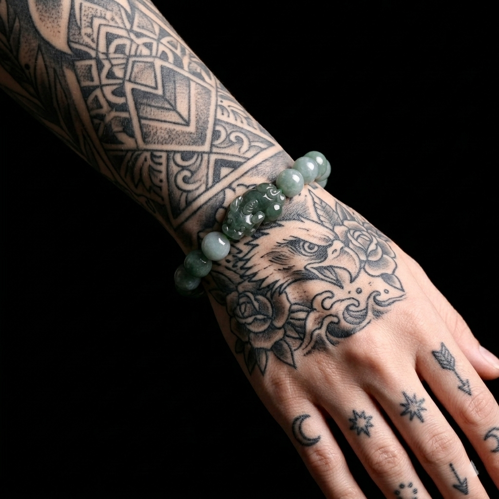 White/ Pine Green Jade Pixiu Bracelet